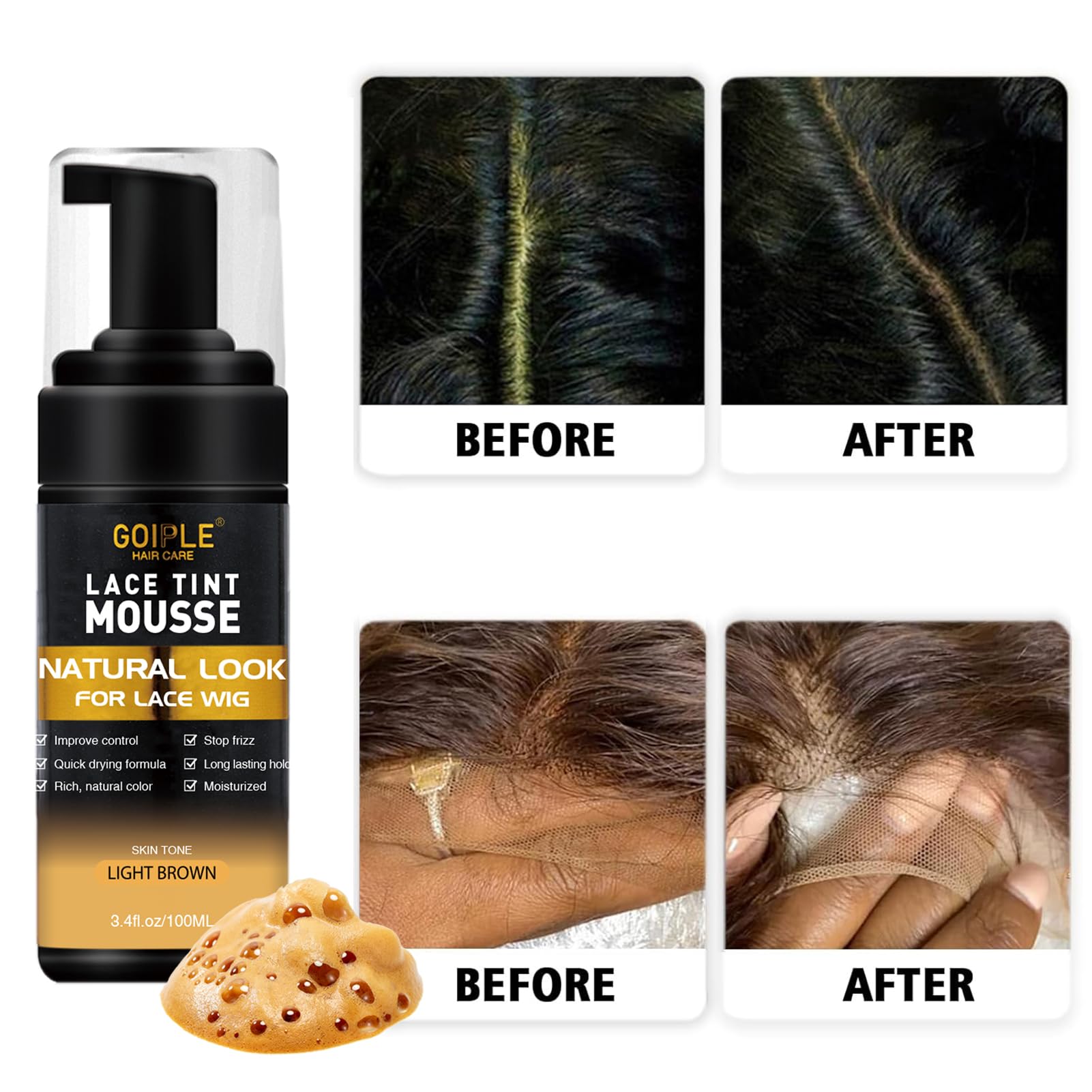 Goiple lace glue dries clear for invisible, natural attachment.