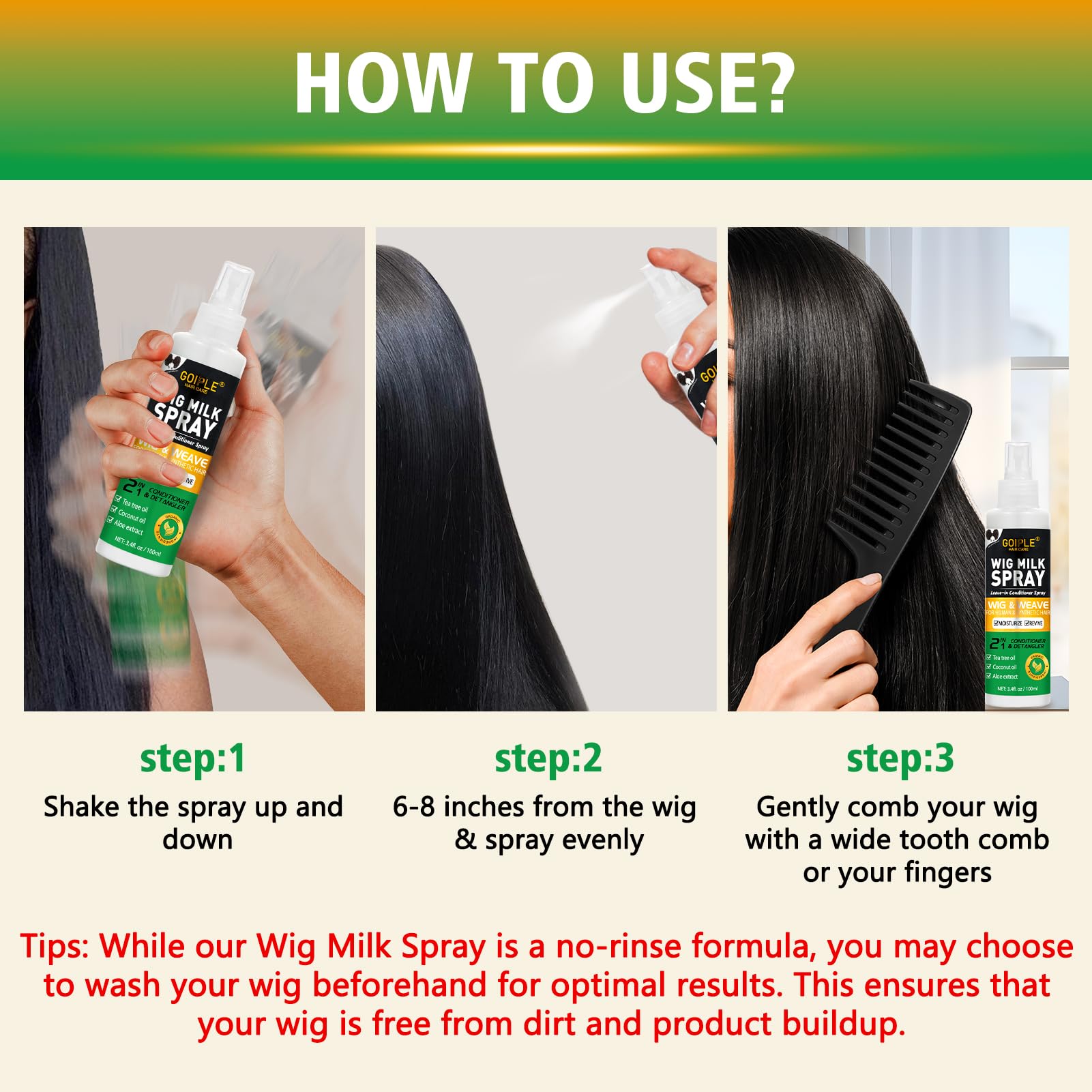 Goiple Leche para Pelucas Sintéticas, esencia de aloe para brillo suave.