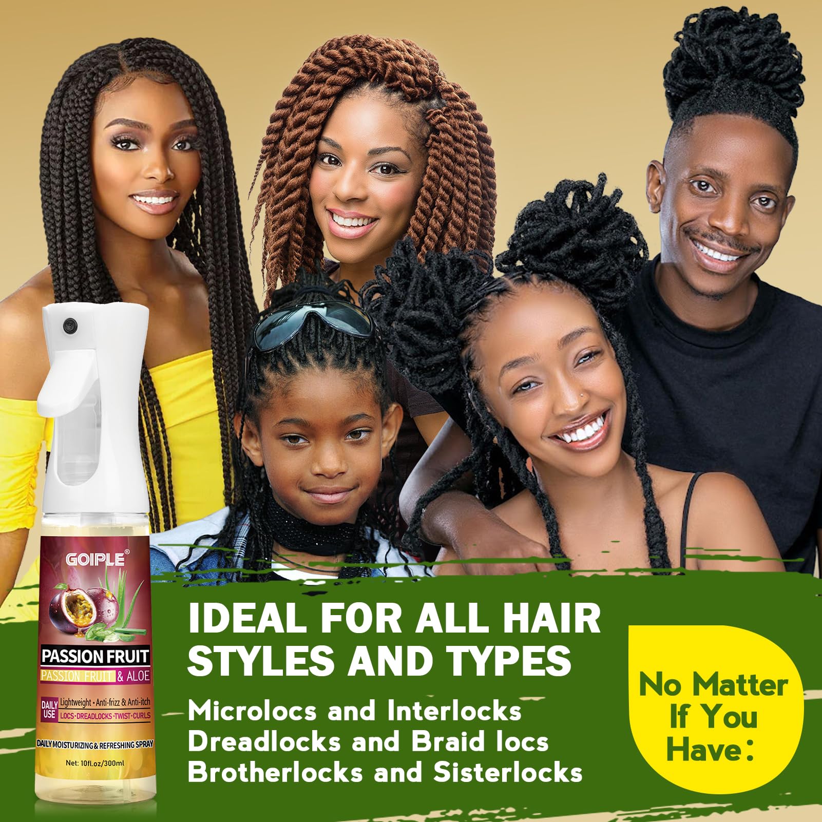 Goiple Loc Moisturizing Spray nourishes hair from root to tip for healthier-looking locs.