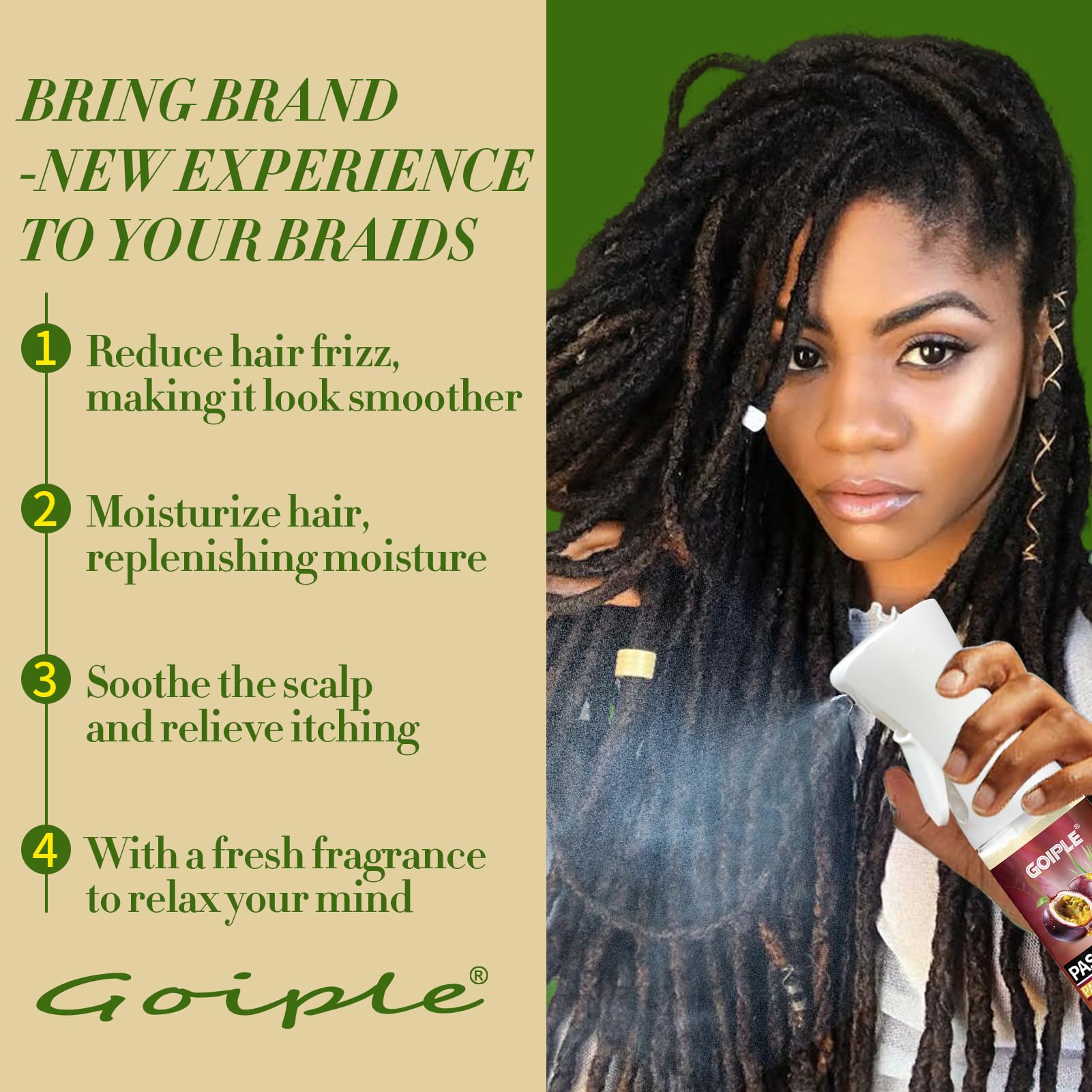 Goiple Loc Moisturizing Spray passion-fruit mist hydrates locs with tropical fragrance.