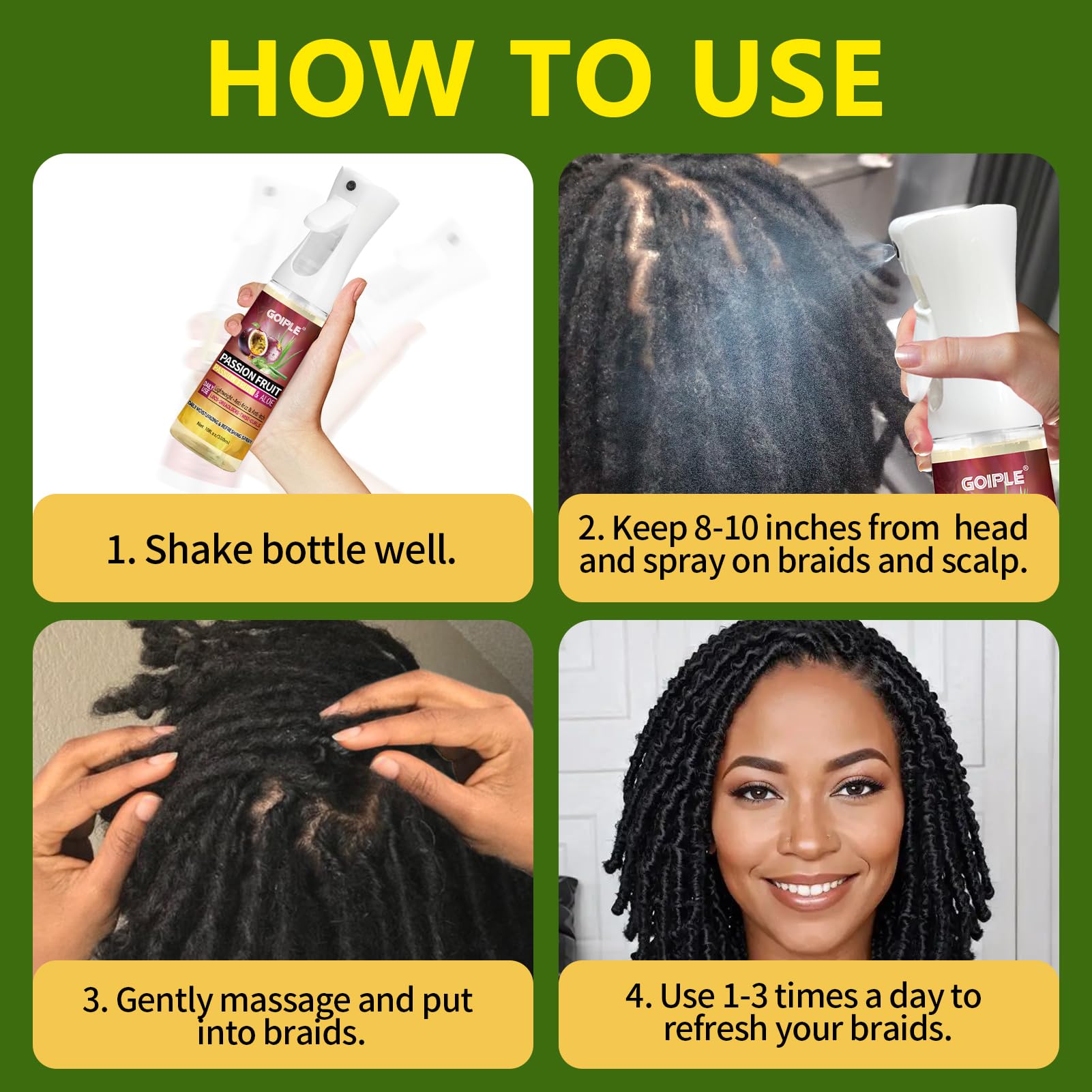 Goiple Loc Moisturizing Spray versatile for twists, braids, and protective styles.