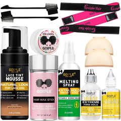 Goiple melting lace mousse packaging visuals showing complete wig toolkit for easy setups