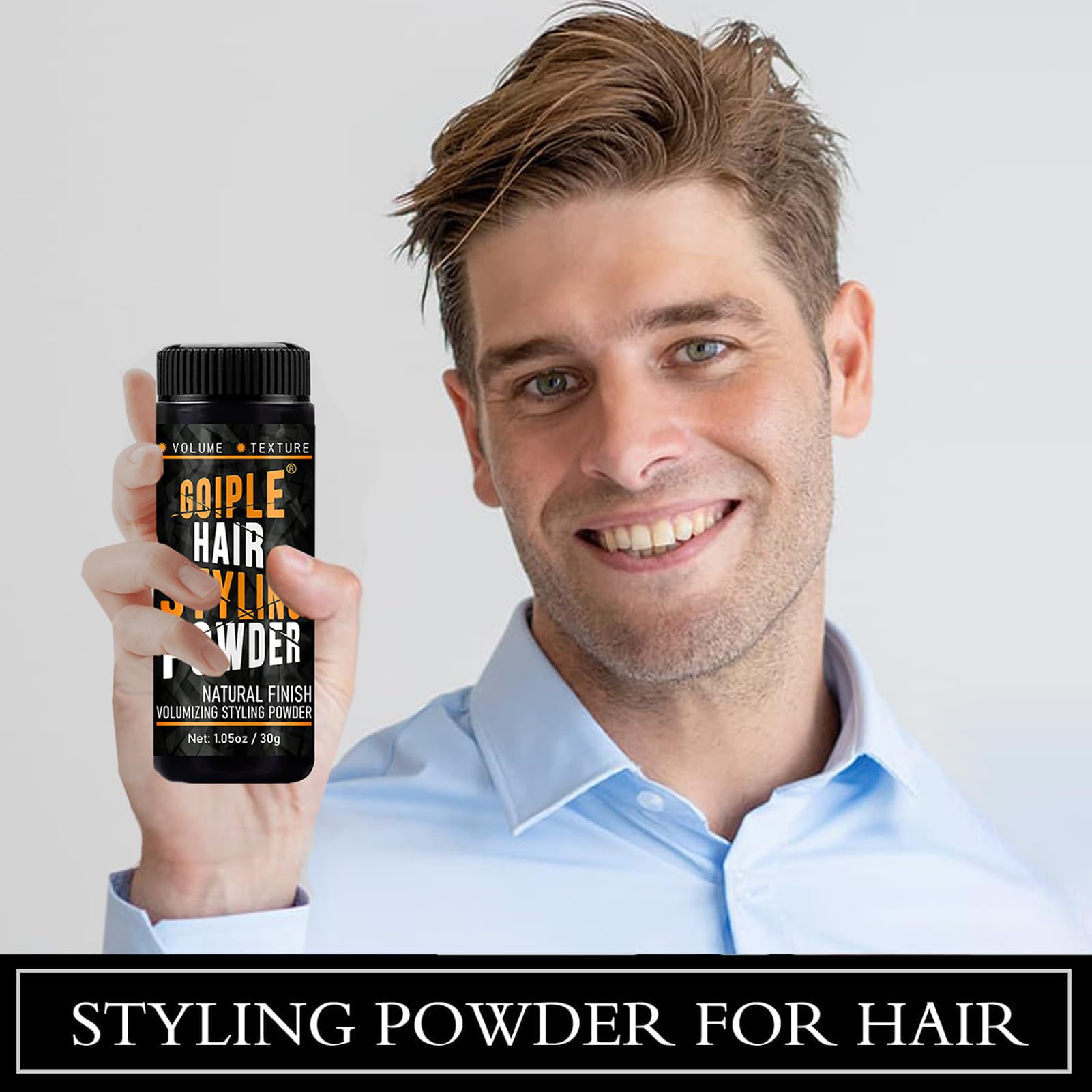 Goiple men's styling powder packaging ready for daily grooming.