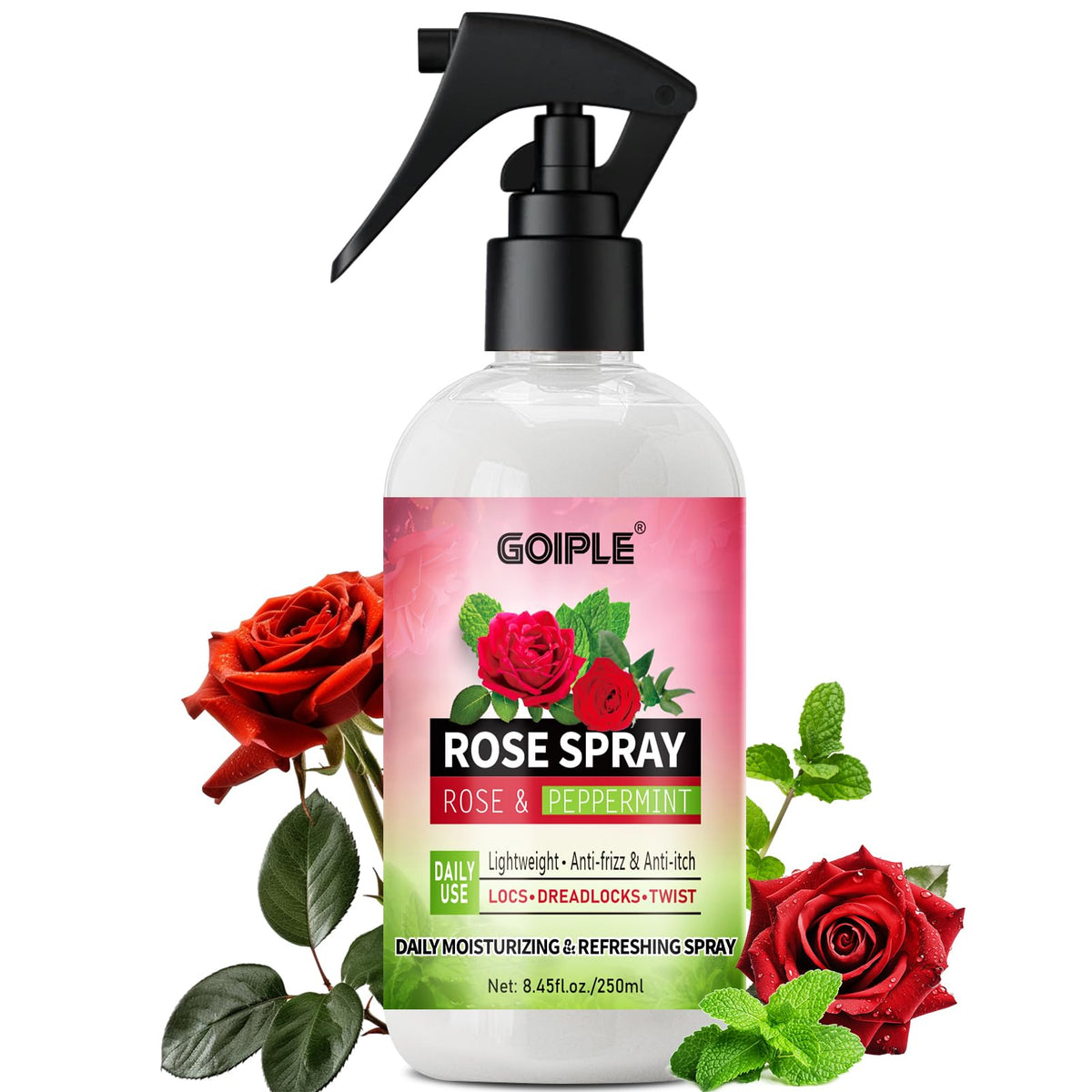 Goiple Rose Water hair spray bottle delivering lightweight hydration for locs