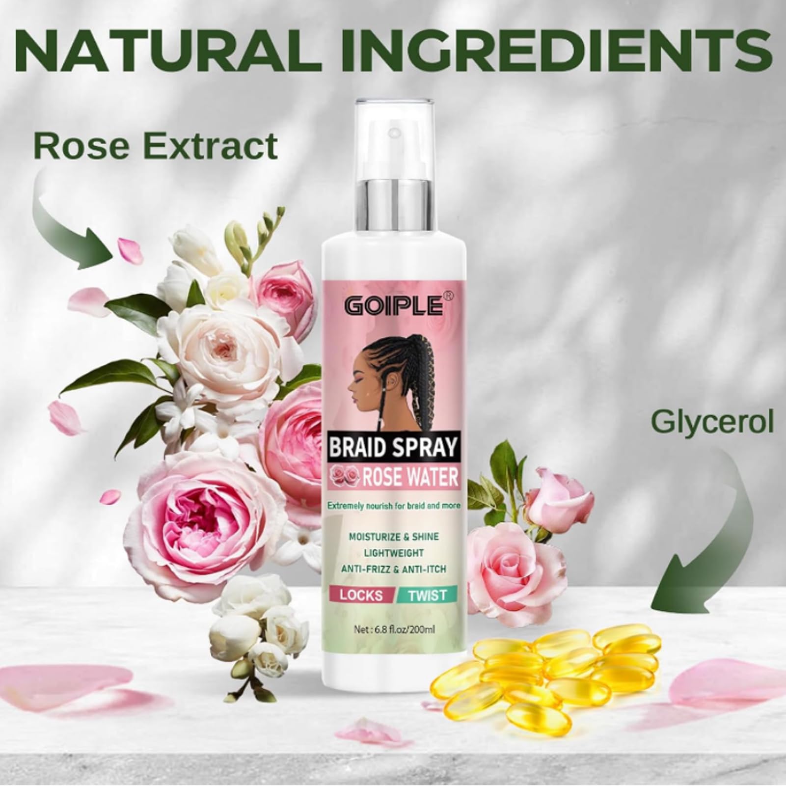 Goiple Rose Water Hair Spray bottle supports scalp balance and natural shine.