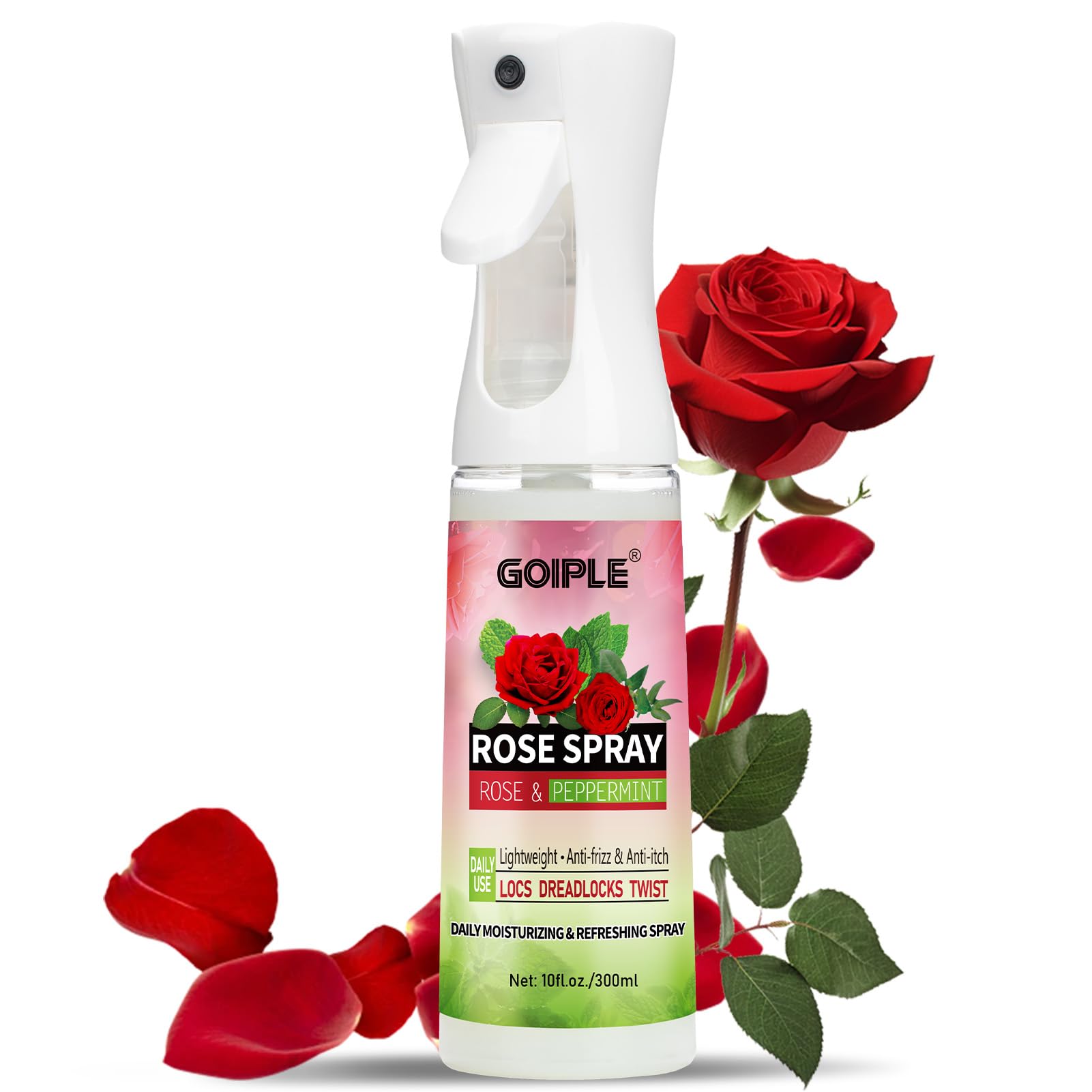 Goiple Rose Water Loc Spray bottle for hydrating locs and refreshing scalp.