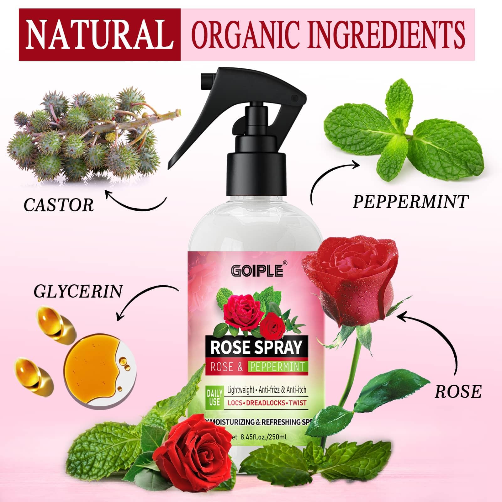 Goiple Rose Water peppermint spray application on hair for refreshing scalp