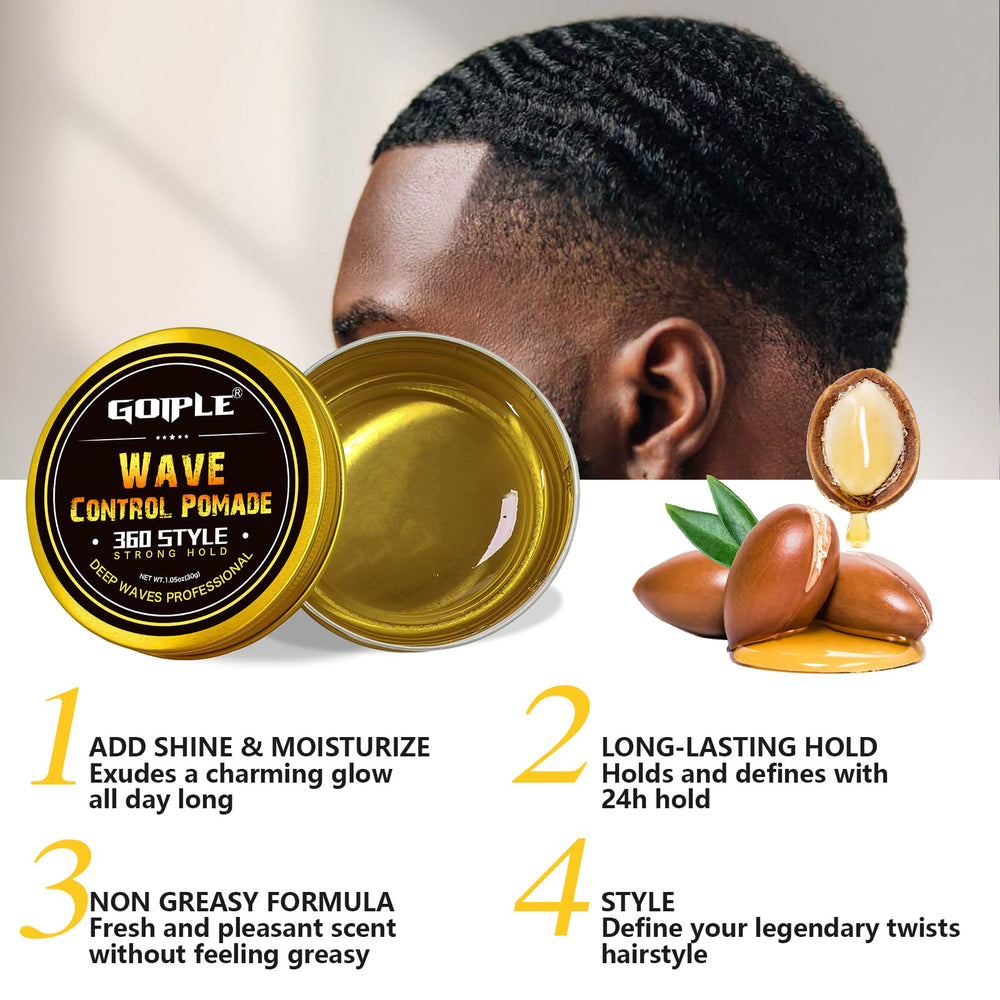 Goiple strong hold wave pomade emphasizes definition with no flaking.