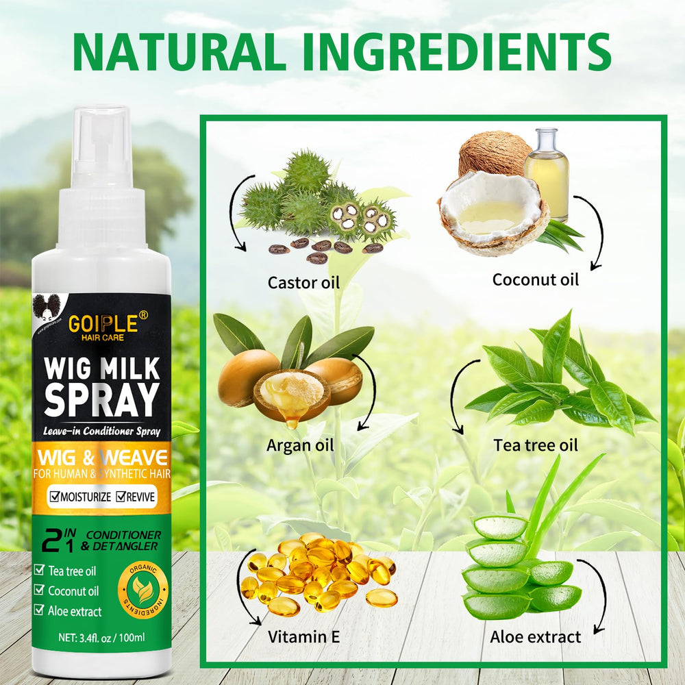 Goiple wig milk spray tea tree oil hydrates and refreshes synthetic wigs.