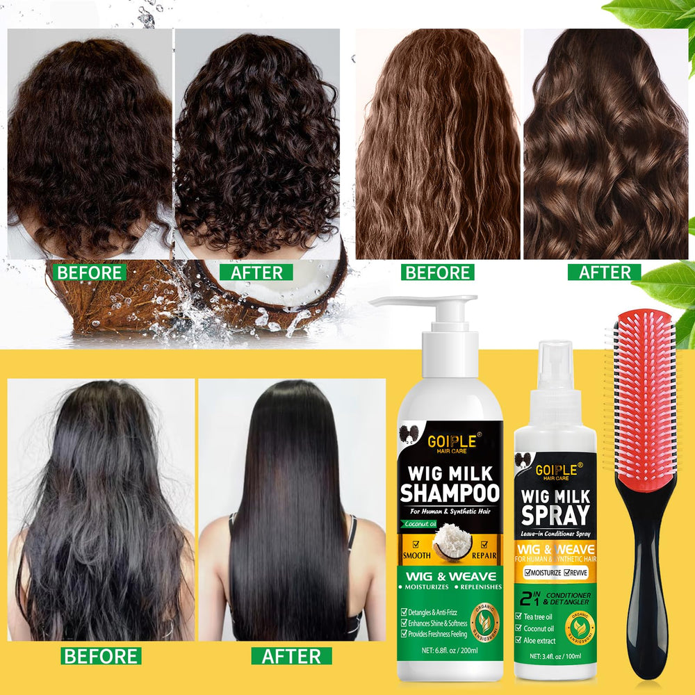 Goiple packaging box highlights a two-step wig care routine.
