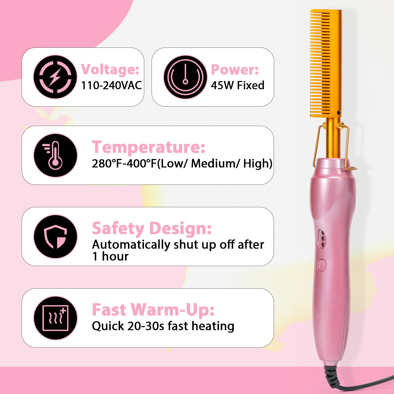 Goiple wig-straightening feature eliminates frizz while preserving wig luster.