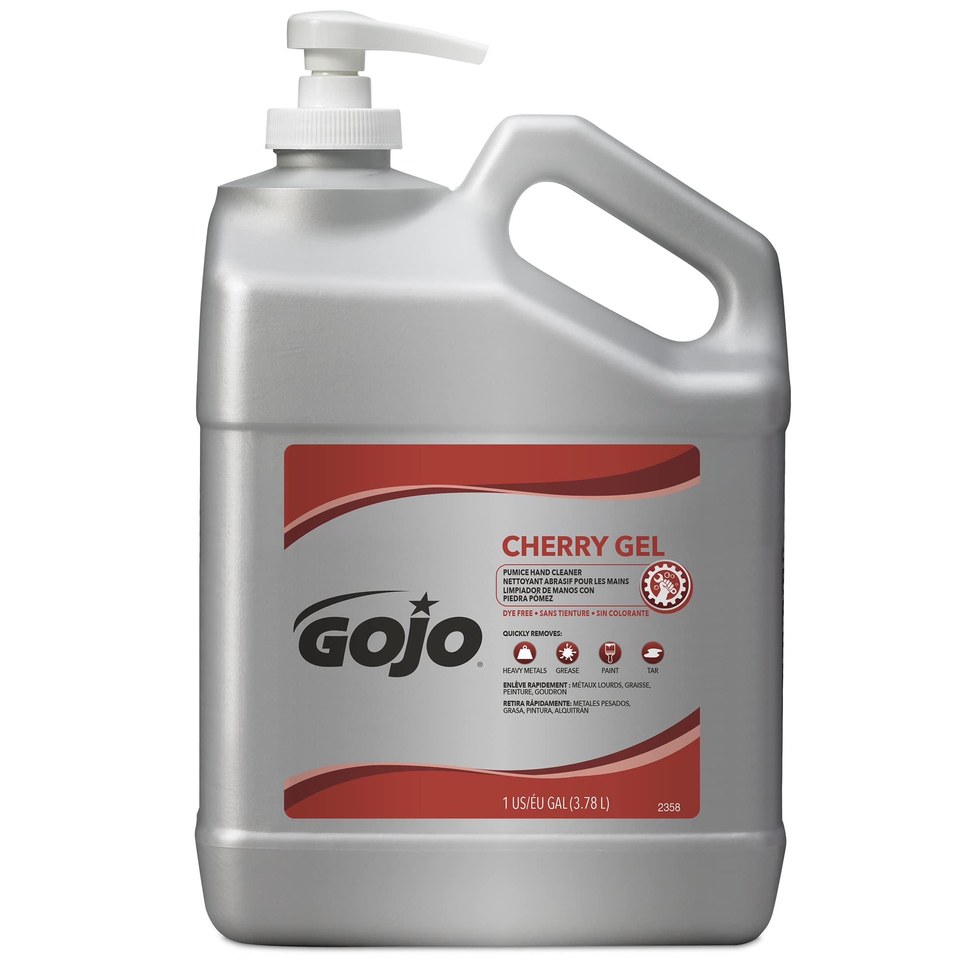 GOJO Cherry Gel Pumice Hand Cleaner bottle pour shows heavy duty cleaning for grease and tar.