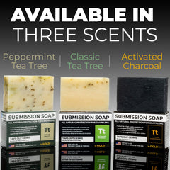 Gold BJJ Tea Tree Soap bar closeup—rich texture for refreshing wash.