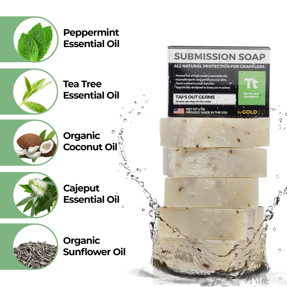Gold BJJ Tea Tree Soap lather closeup—creamy foam after training.