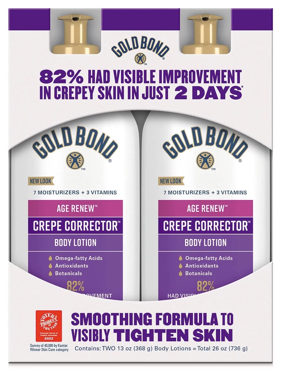 Gold Bond Age Renew Crepe Corrector front bottle: dual-pack for replenishing hydration.