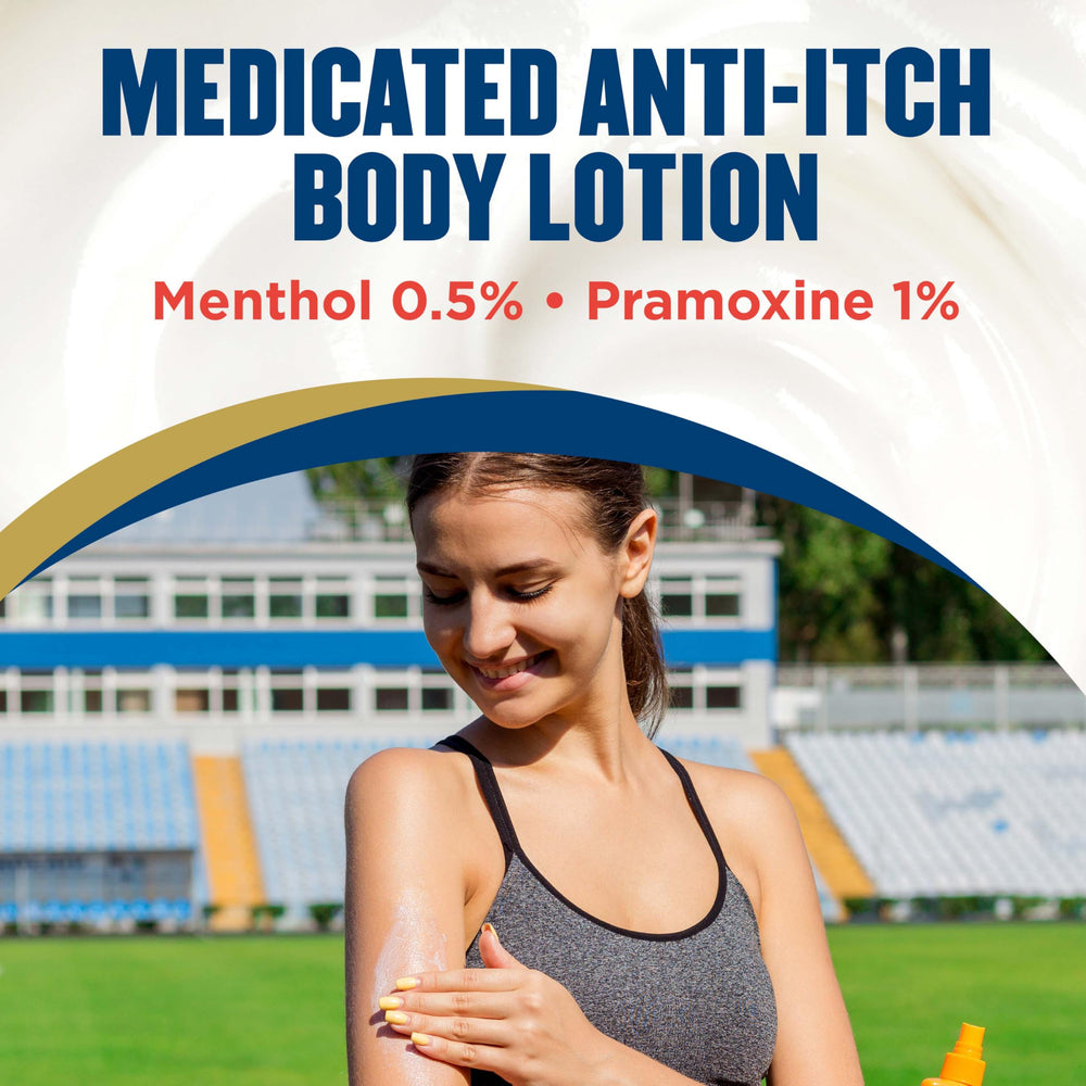 Gold Bond Medicated Anti-Itch Lotion label close-up with seven moisturizers and vitamins for nourishment