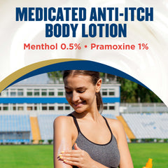 Gold Bond Medicated Anti-Itch Lotion label close-up with seven moisturizers and vitamins for nourishment