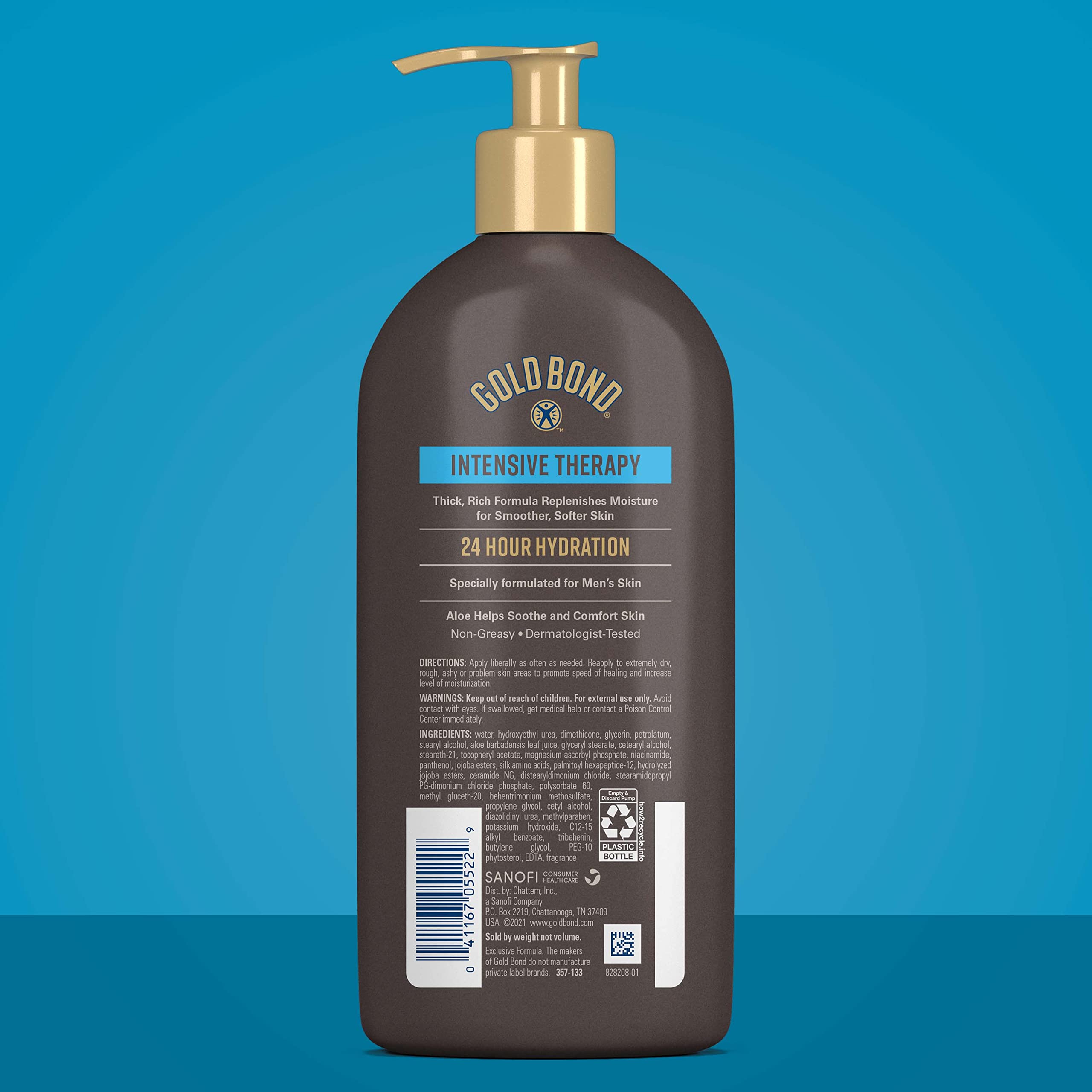 Gold Bond Men's Essentials lotion texture rich-cream closeup shows nourishing formula