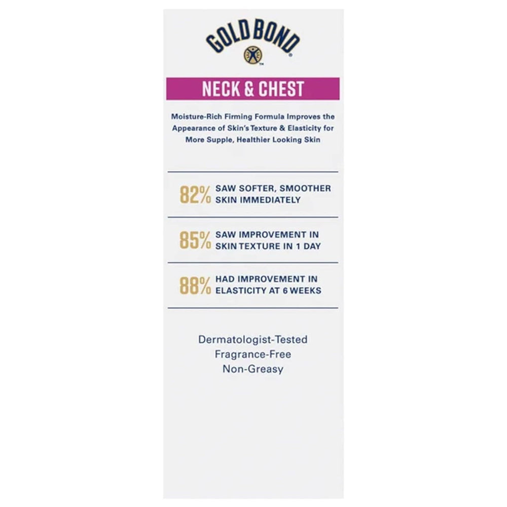 Gold Bond Neck & Chest Firming Cream fragrance-free label indicating sensitive-skin friendly option.