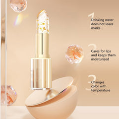 2Pcs transferproof color-changing lipstick gold-crystal swatch shows pH-activated shade shift.