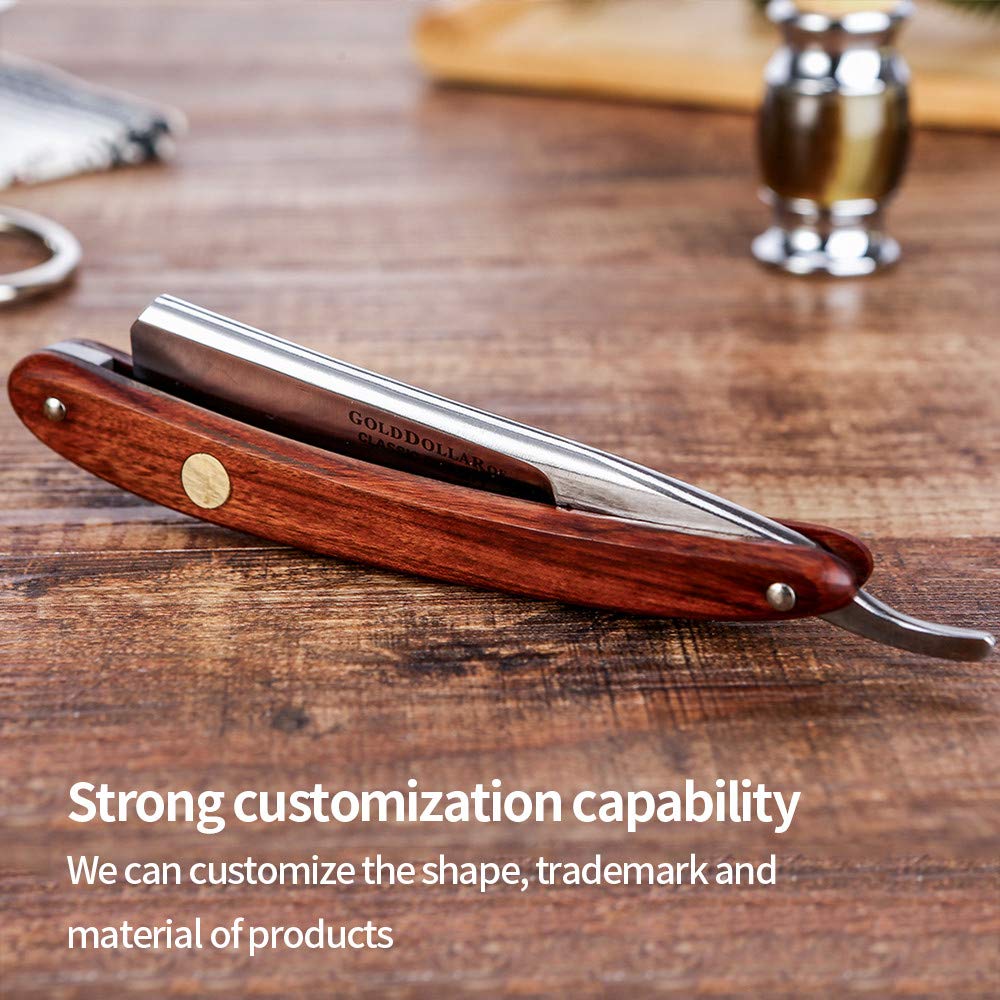 Gold Dollar straight razor wooden handle close-up blade showing vintage edge.