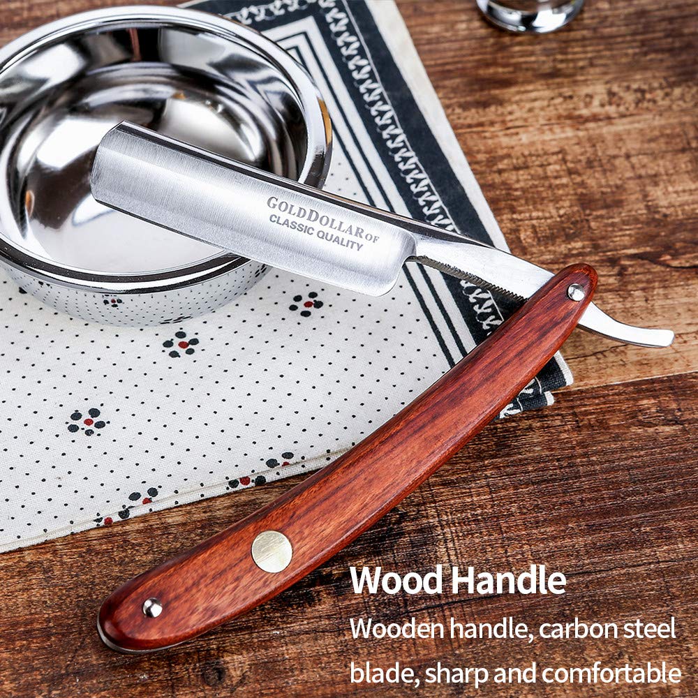 Gold Dollar straight razor wooden handle in-hand for balanced control.