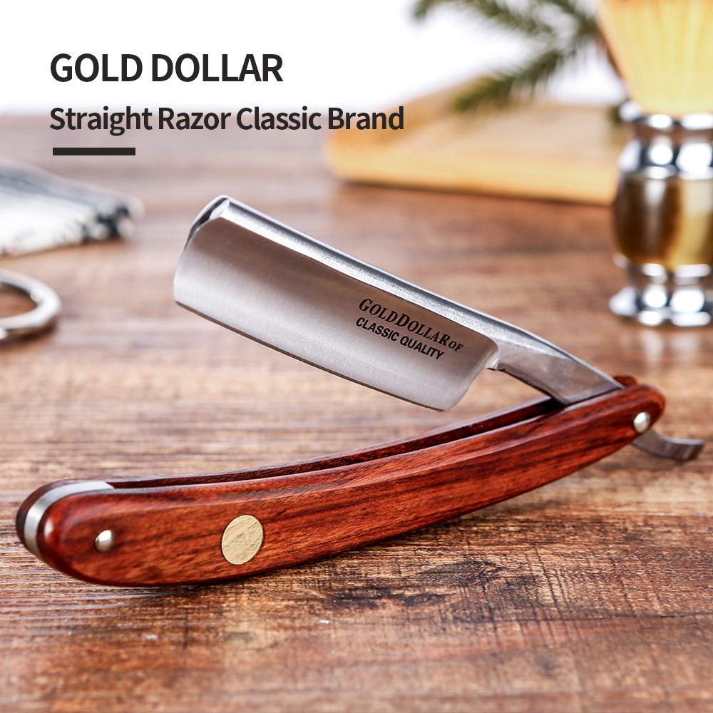 Gold Dollar straight razor with wooden handle, open blade showing sharp edge for ready use.
