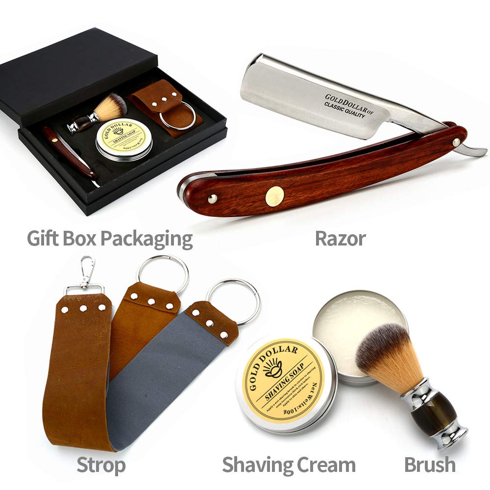 Gold Dollar straight razor wooden handle and brush in premium grooming kit.