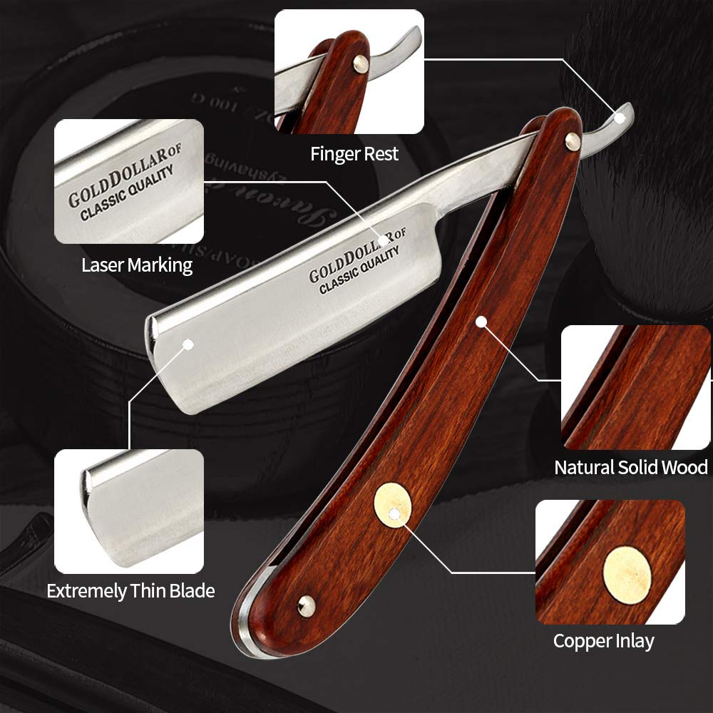 Gold Dollar straight razor wooden handle with strop highlights easy maintenance.