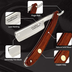 Gold Dollar straight razor wooden handle with strop highlights easy maintenance.