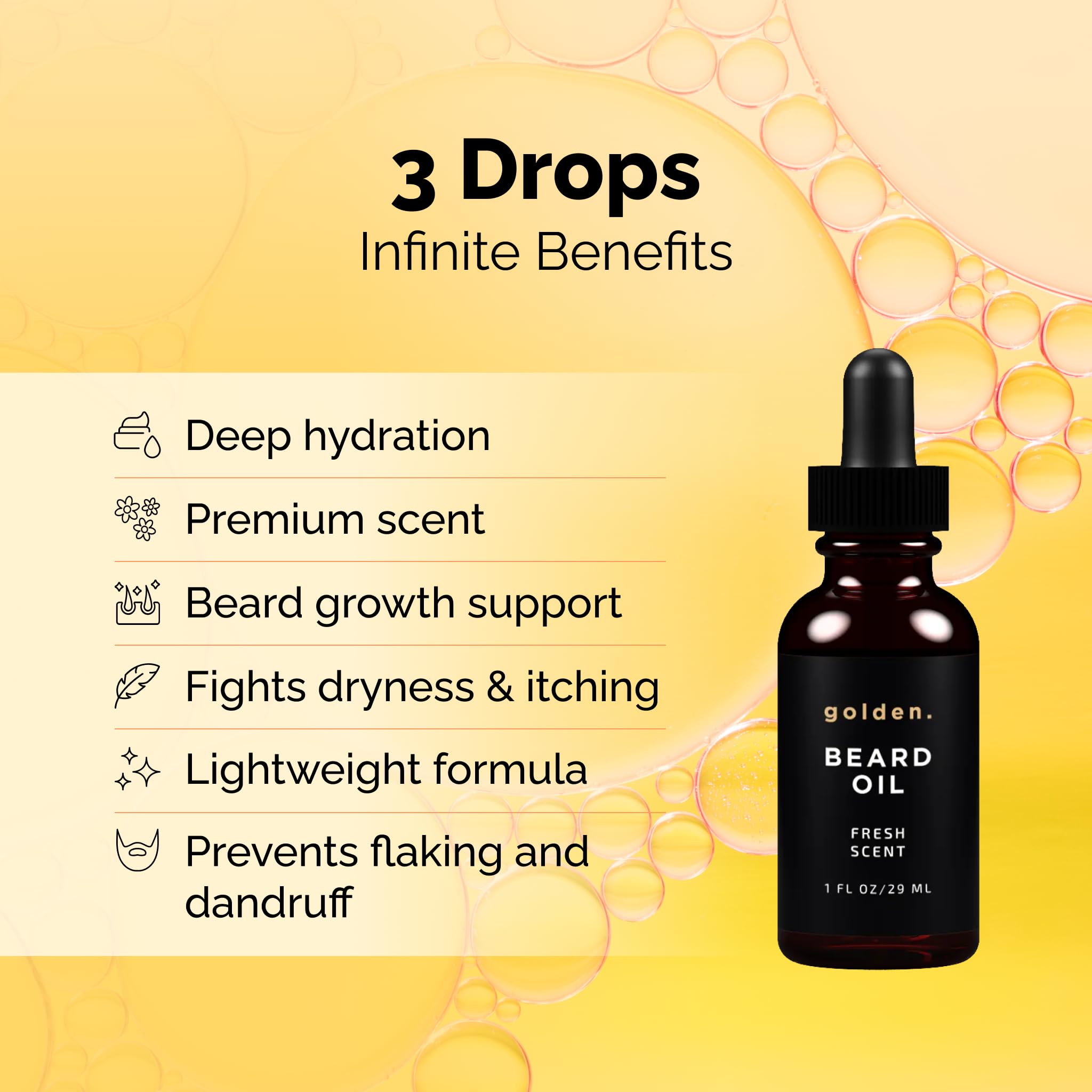 Golden Grooming Beard Oil amber bottle emphasizes fast-absorbing, non-greasy grooming.