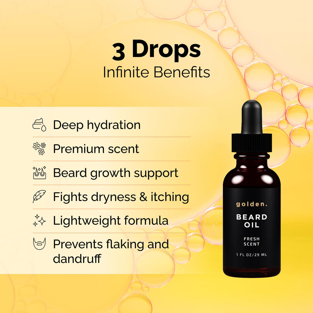 Golden Grooming Beard Oil amber bottle emphasizes fast-absorbing, non-greasy grooming.