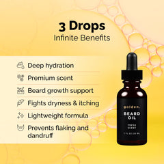 Golden Grooming Beard Oil amber bottle emphasizes fast-absorbing, non-greasy grooming.