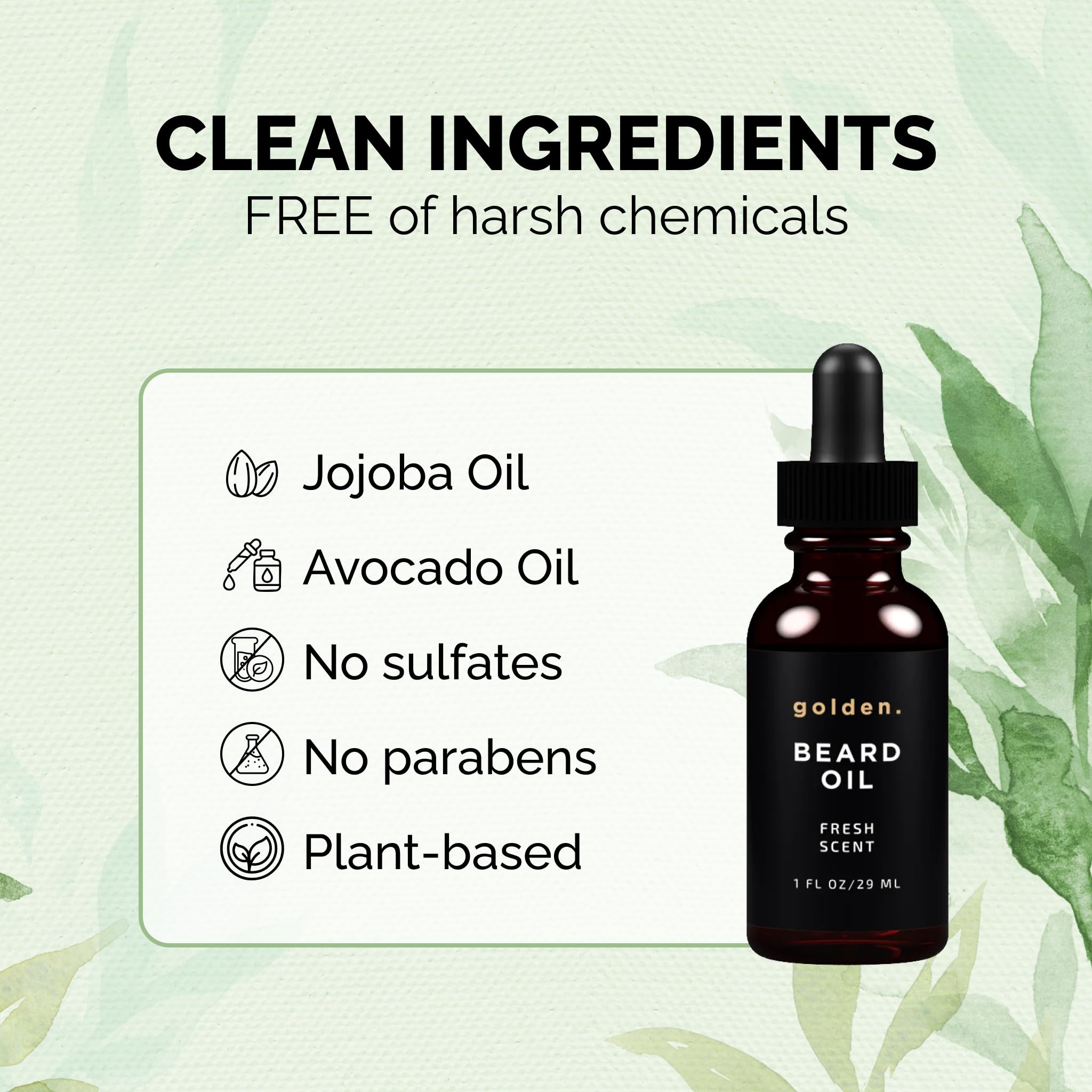 Golden Grooming Beard Oil ingredients sheet highlights nourishing shea butter, coconut oil, and jojoba oils.