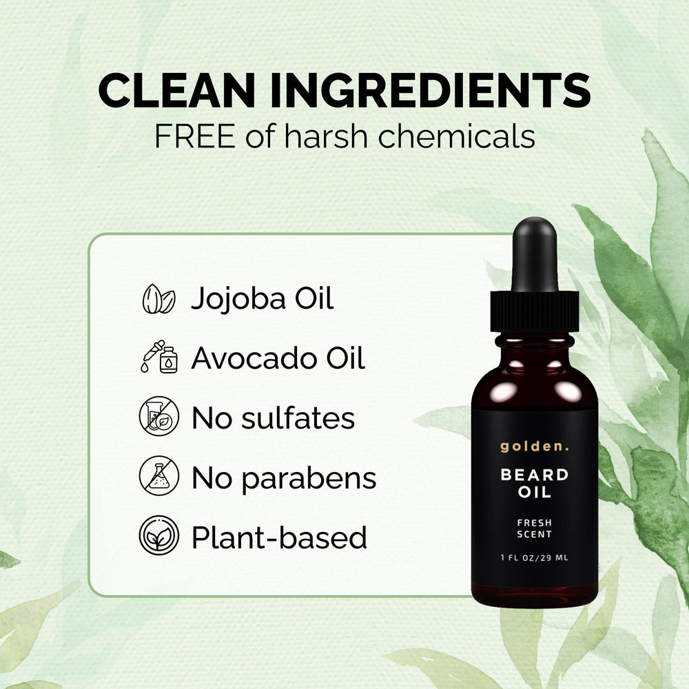 Golden Grooming Beard Oil ingredients sheet highlights nourishing shea butter, coconut oil, and jojoba oils.
