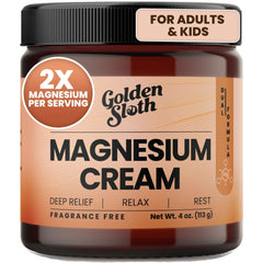 Golden Sloth magnesium cream jar sleep-relief formula for restful nights.