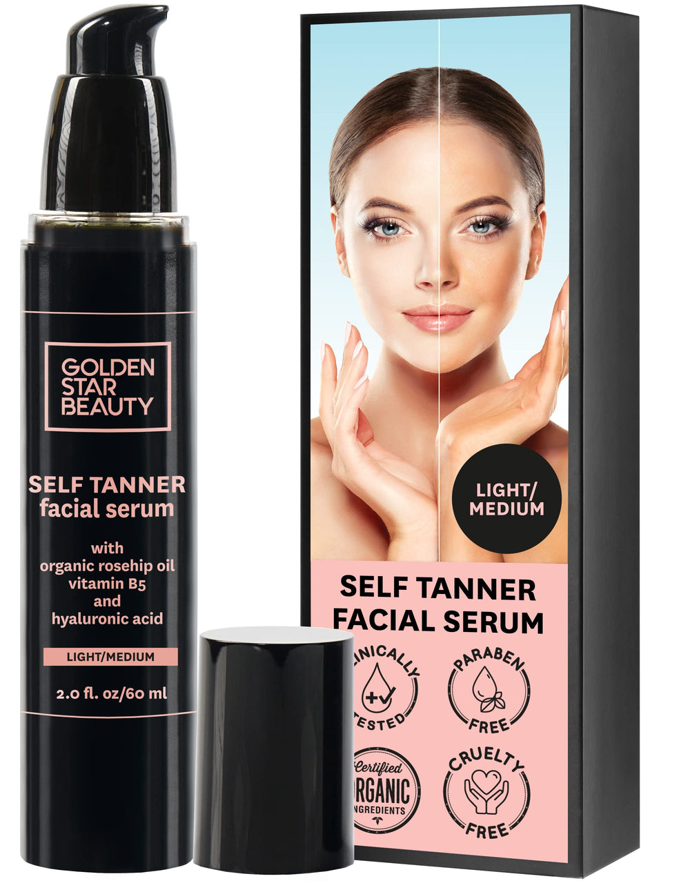 Golden Star Beauty face tanner packaging closeup showing premium self tan formula