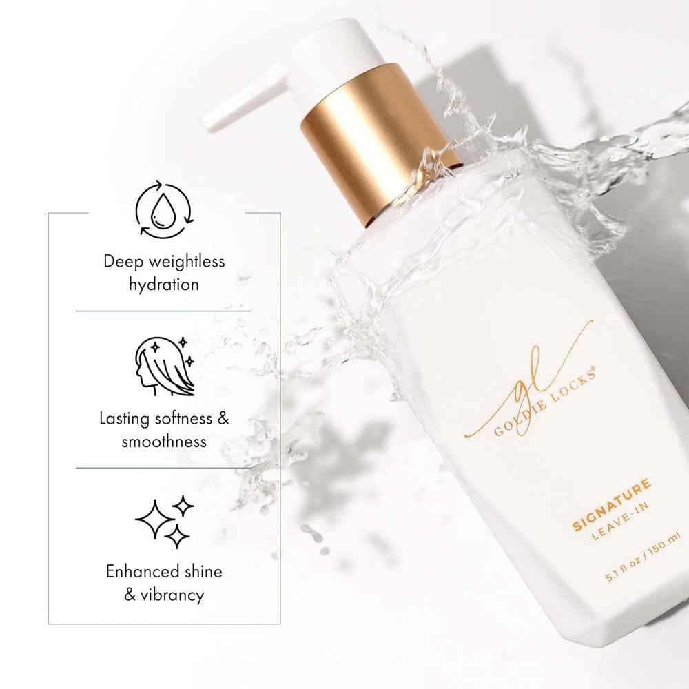 Goldie Locks Signature Leave-In Conditioner delivers nourishment and shine to hair.