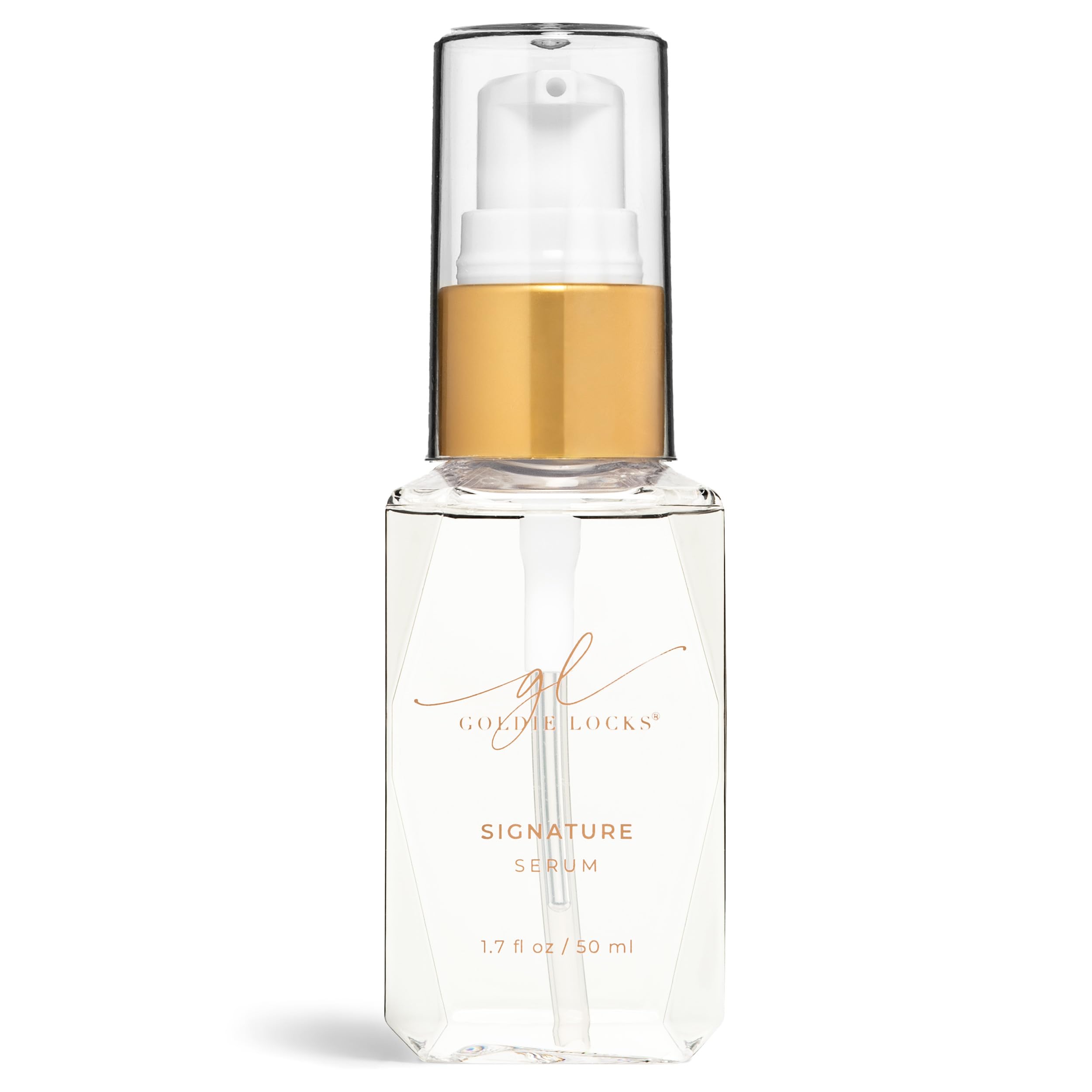 Goldie Locks Signature Serum bottle and pump for frizz control and smooth shine