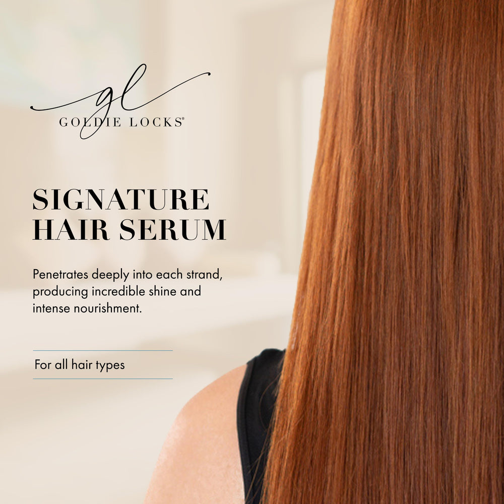 Goldie Locks Signature Serum label close-up highlighting vegan, protein-free formula.