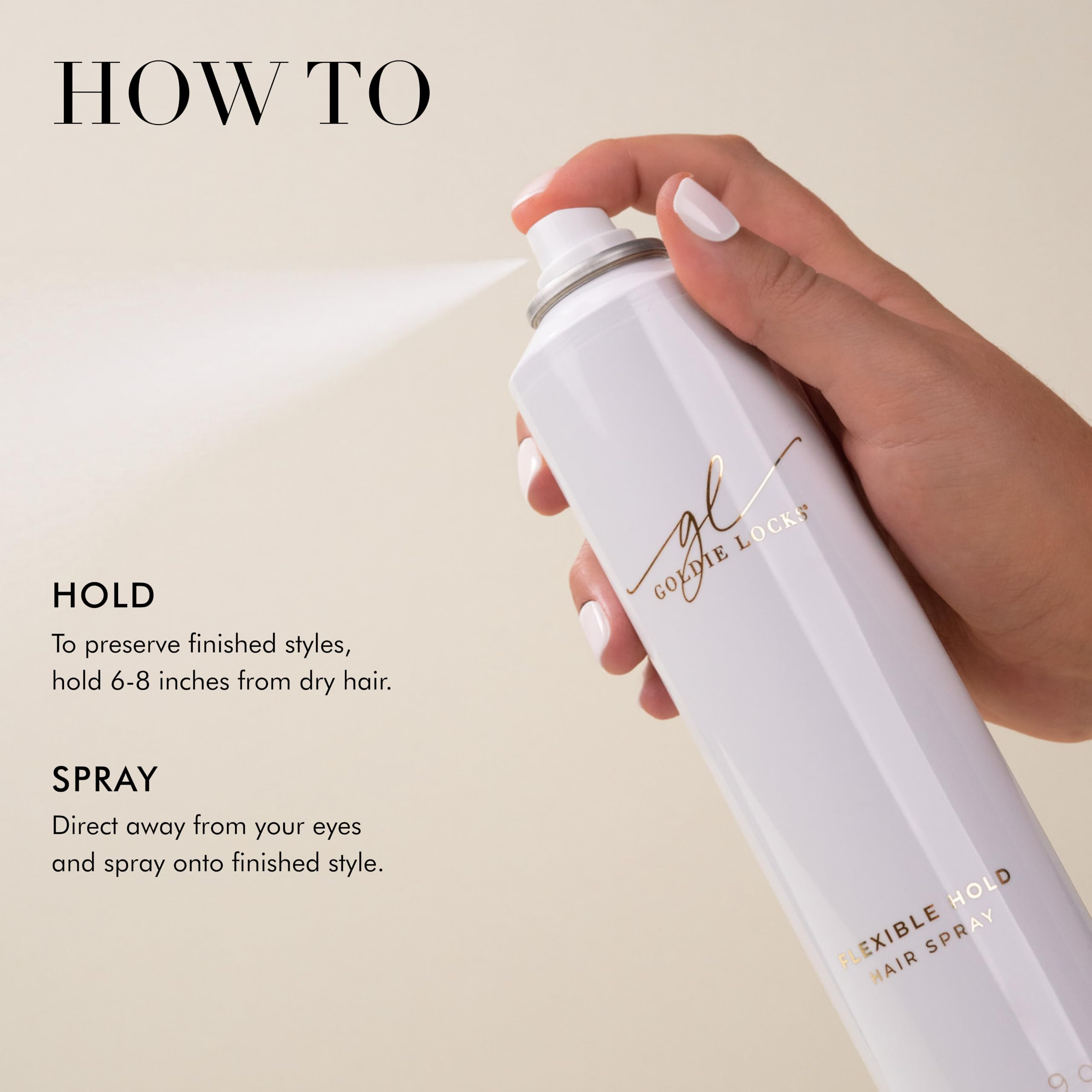 Goldie Locks travel-size hairspray shine-closeup reveals smooth, glossy finish.