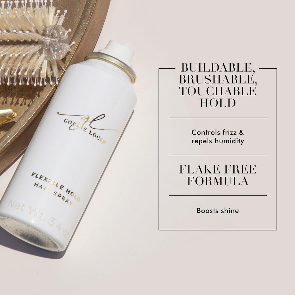 Goldie Locks travel-size hairspray spray-action demonstrates 6-8 inch application distance.