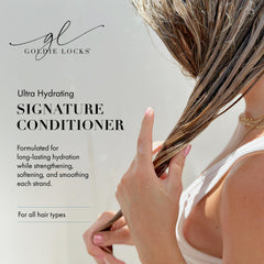 Goldie Locks travel-size conditioner pour shot promotes quick detangling and smooth brushing.