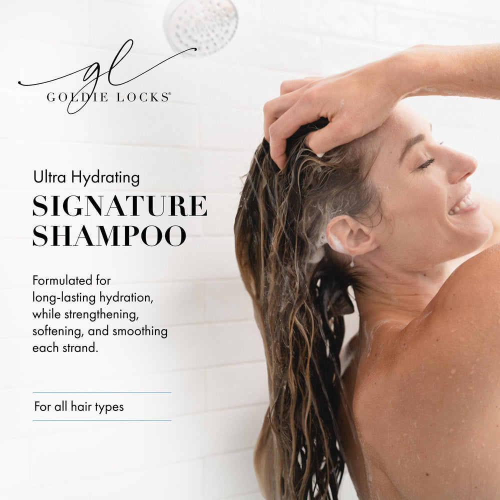Goldie Locks Ultra Hydrating Shampoo frizz-control formula — helps smooth hair during styling.