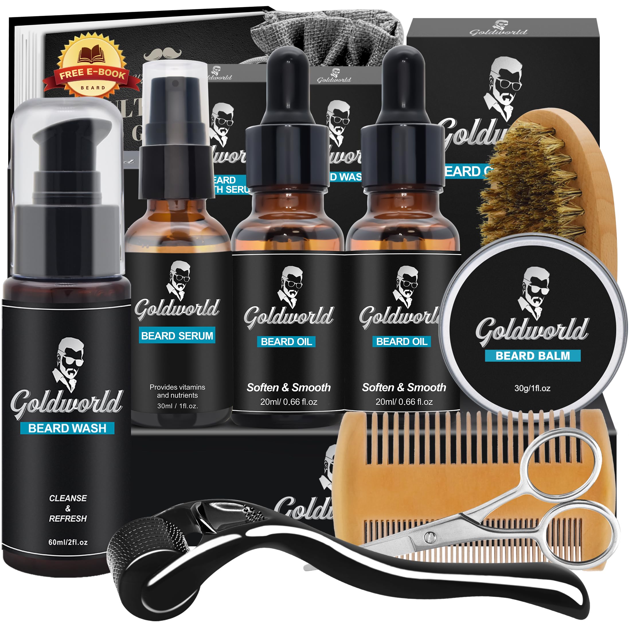 GoldWorld beard kit packaging showing the complete grooming set for gifting and display