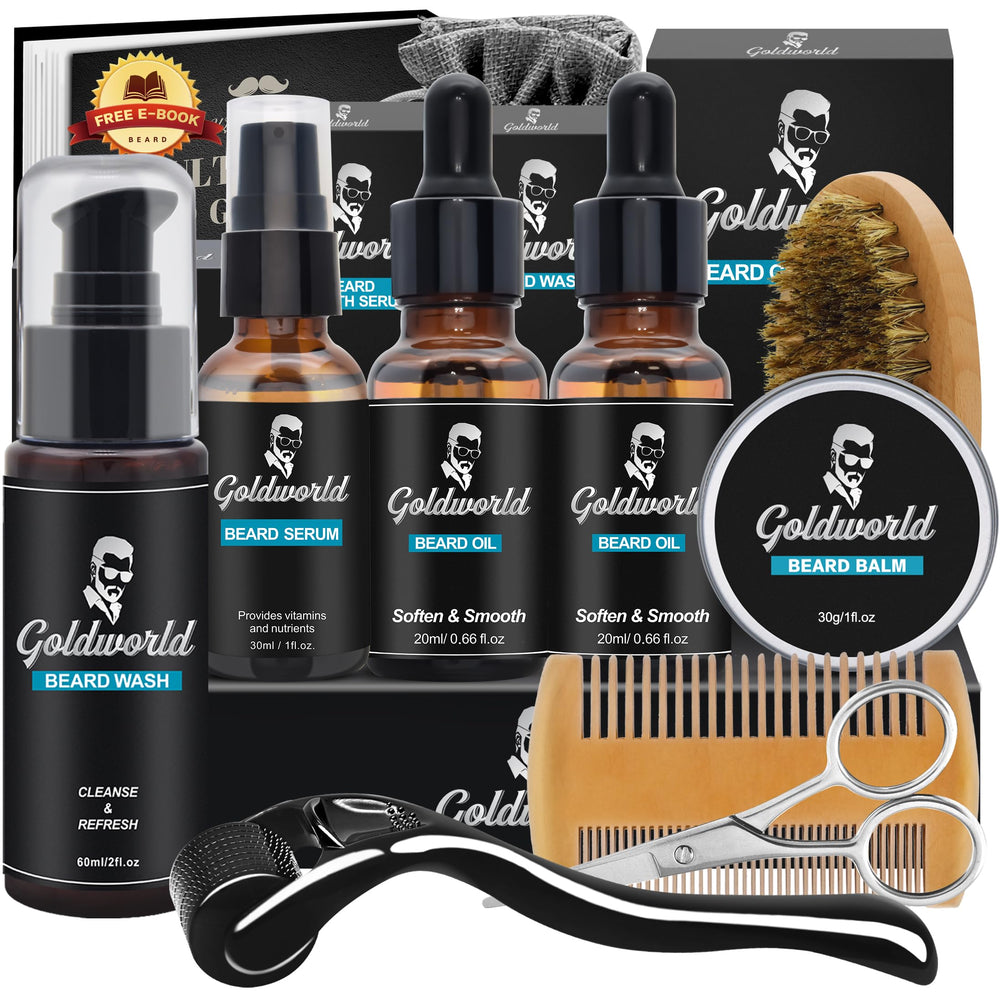 GoldWorld beard kit packaging showing the complete grooming set for gifting and display