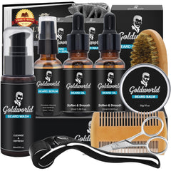GoldWorld beard kit packaging showing the complete grooming set for gifting and display