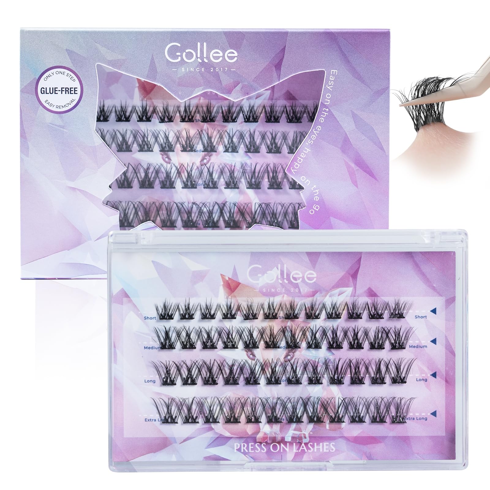 Gollee self-adhesive eyelashes close-up: 10-16mm clusters for natural blend