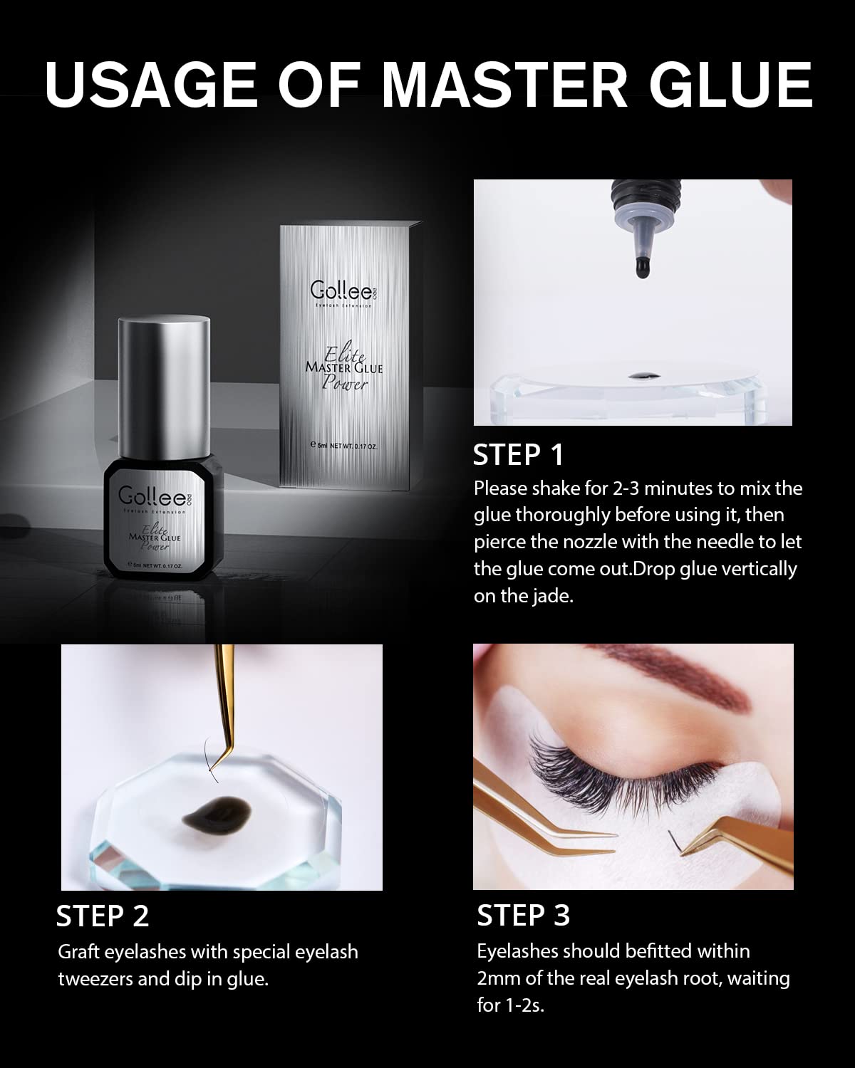 GOLLEEPRO black bottle showcases high-contrast adhesive for dark lash lines