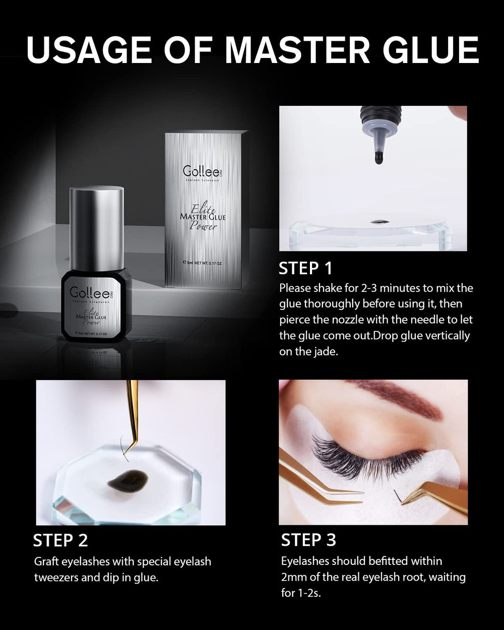 GOLLEEPRO black bottle showcases high-contrast adhesive for dark lash lines